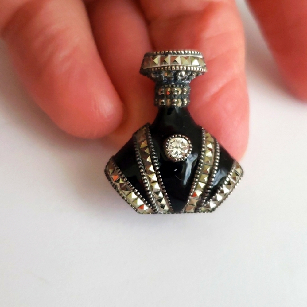 Judith Jack Marcasite Sterling Silver Enamel brooch C1990's Vintage Perfume